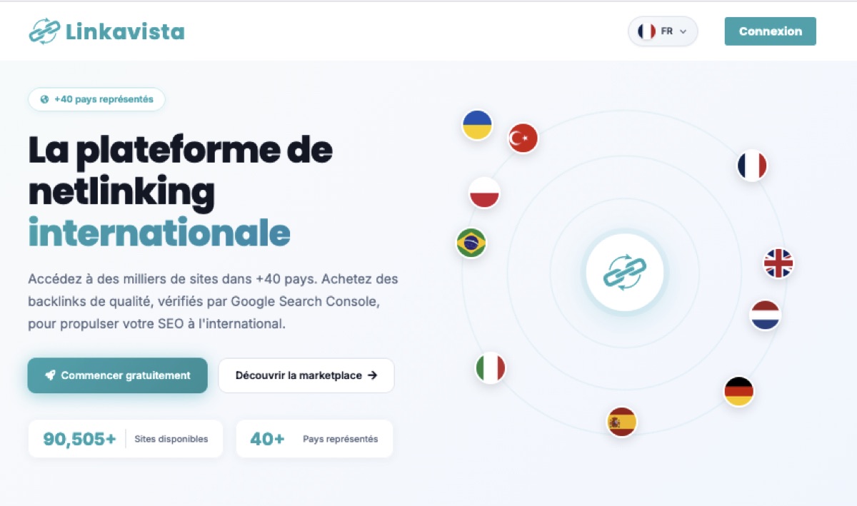 Page d'accueil de Linkavista annonçant 90 505 sites disponibles et plus de 40 pays représentés