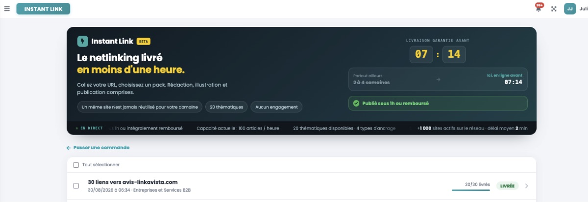 Interface Instant Link de Linkavista affichant une commande de 30 liens vers avis-linkavista.com, marquée 30 sur 30 livrés et au statut Livrée
