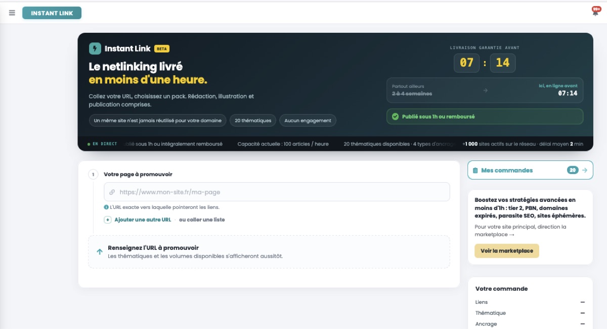 Écran de commande du module Instant Link, avec le champ URL à promouvoir et le bandeau annonçant une capacité de 100 articles par heure