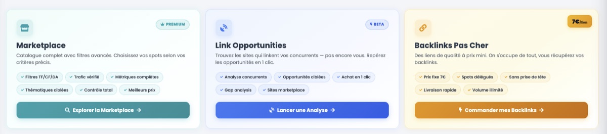 Les trois modules de Linkavista en détail : Marketplace avec filtres TF, CF et DA, Link Opportunities en bêta, et Backlinks Pas Cher affiché à 7 euros le lien