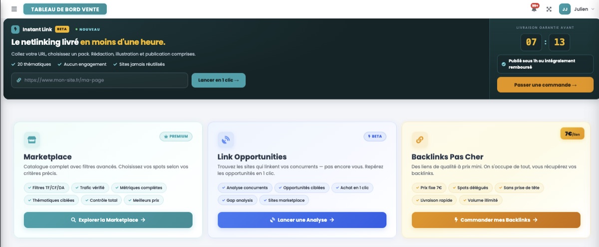 Tableau de bord de Linkavista avec la bannière Instant Link et les trois modules Marketplace, Link Opportunities et Backlinks Pas Cher
